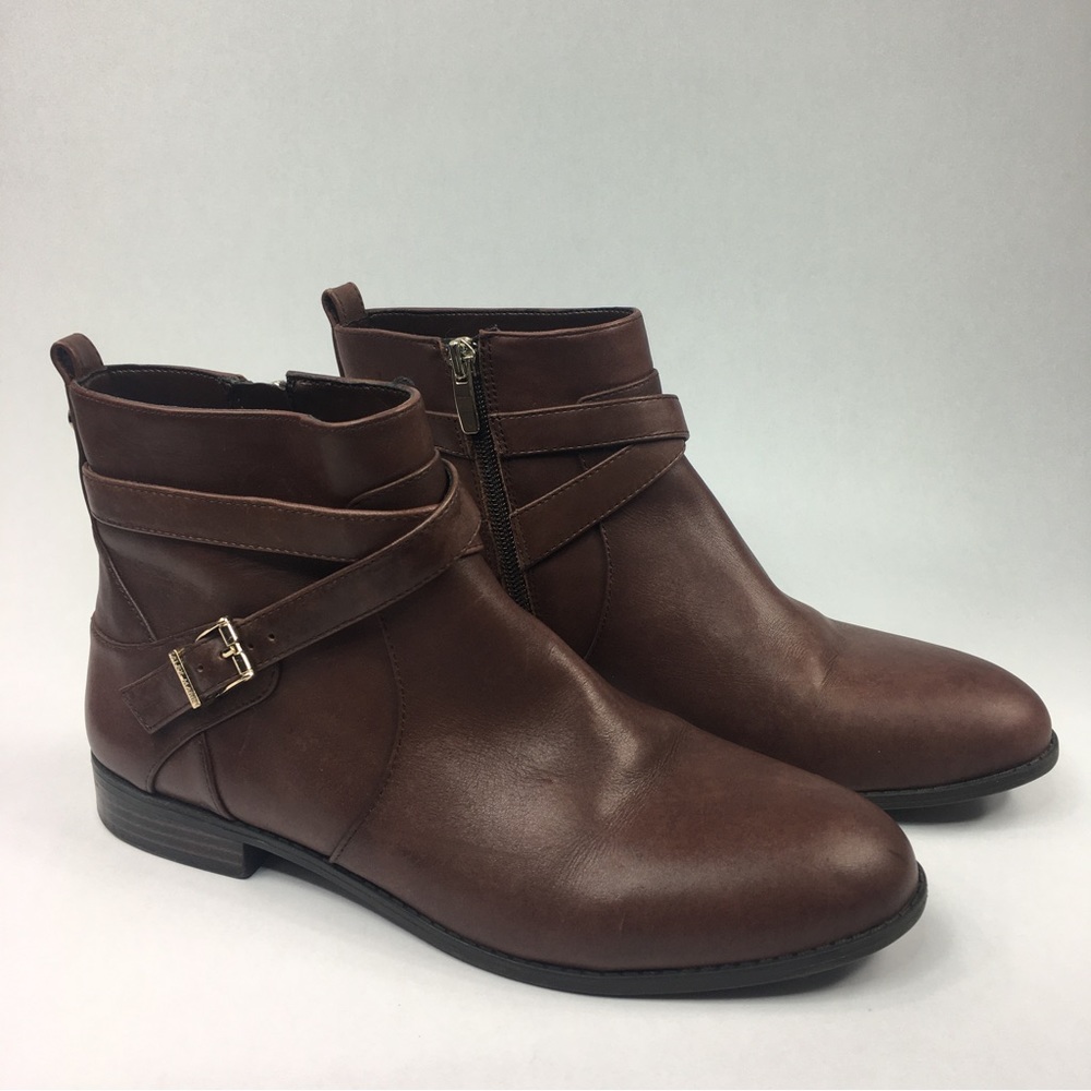 Alex Marie brown leather block heeled bootie with buckle
